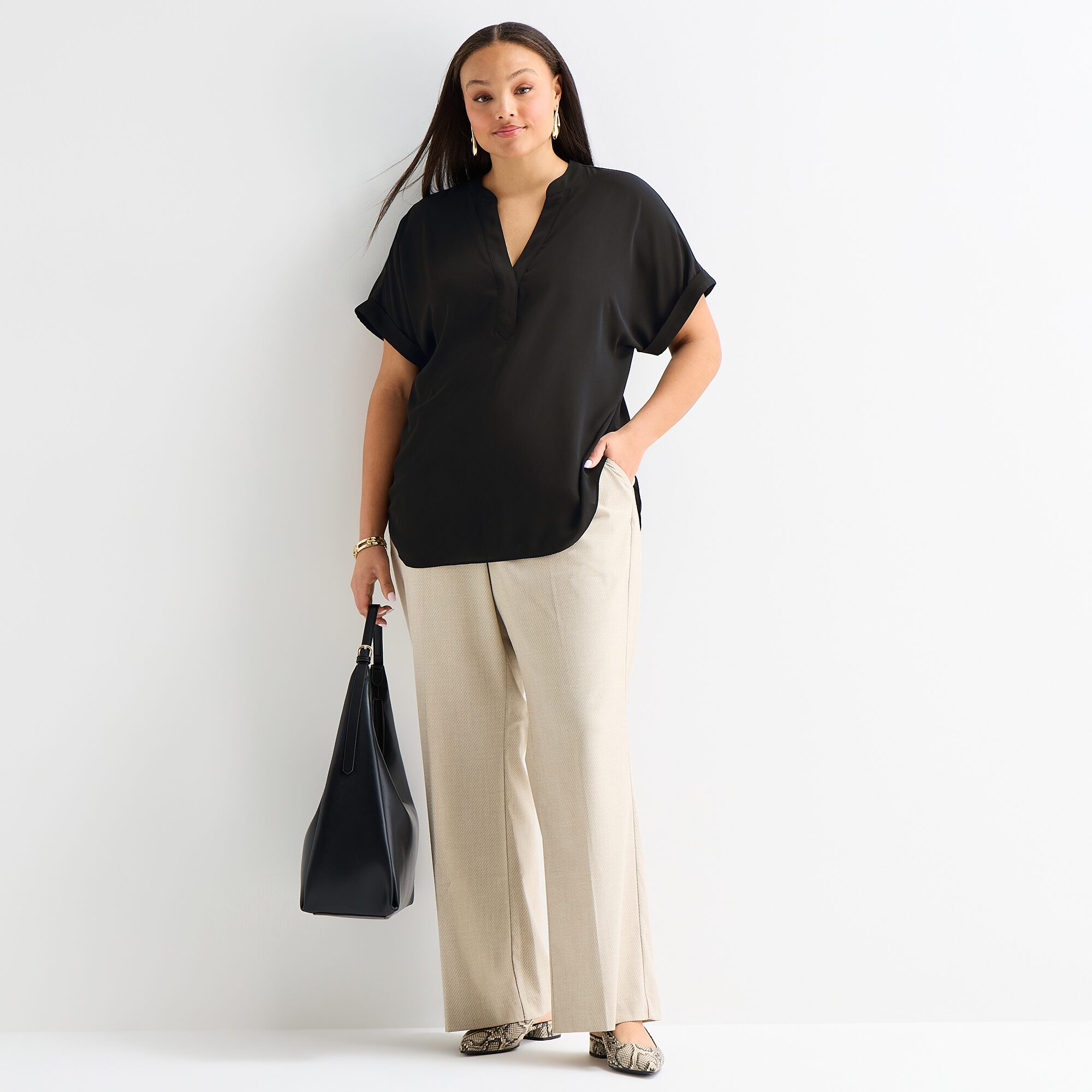 Worthington Womens Plus Henley Neck Short Sleeve Blouse