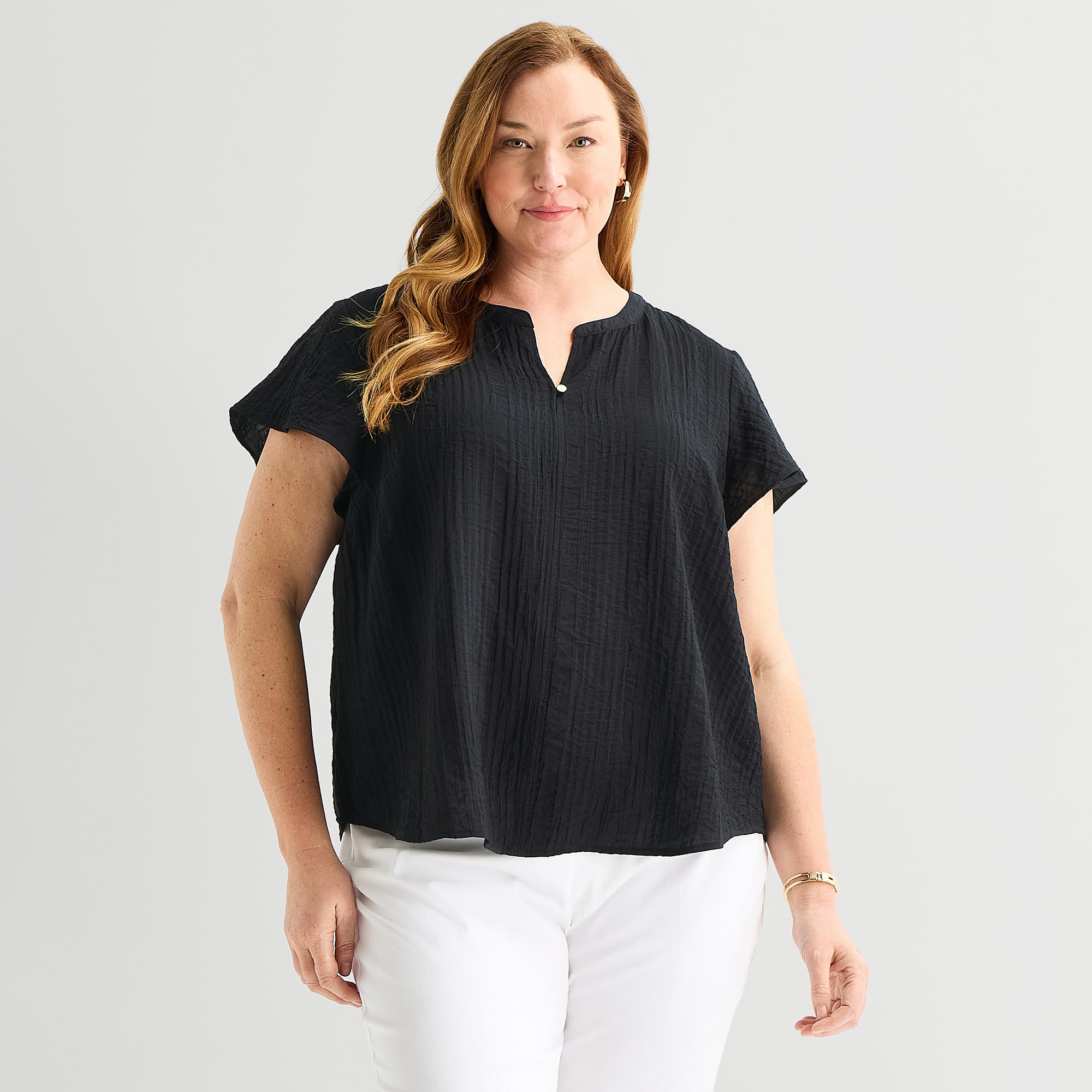 Liz Claiborne Womens Plus V Neck Short Sleeve Blouse