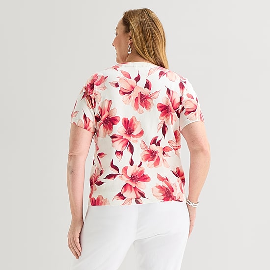 Liz Claiborne Plus Womens Short Sleeve Floral Pullover Sweater