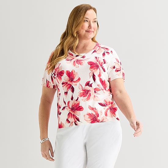 Liz Claiborne Plus Womens Short Sleeve Floral Pullover Sweater