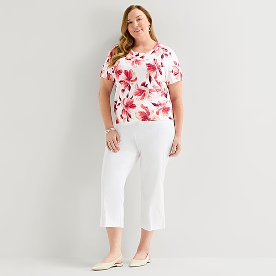 Liz Claiborne Plus Womens Short Sleeve Floral Pullover Sweater