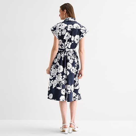 52seven Womens Midi Short Sleeve Drop Shoulder Floral Fit + Flare Dress