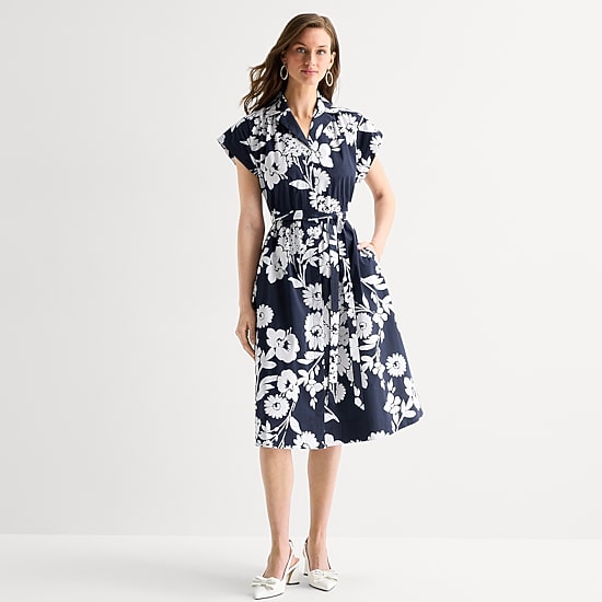 52seven Womens Midi Short Sleeve Drop Shoulder Floral Fit + Flare Dress