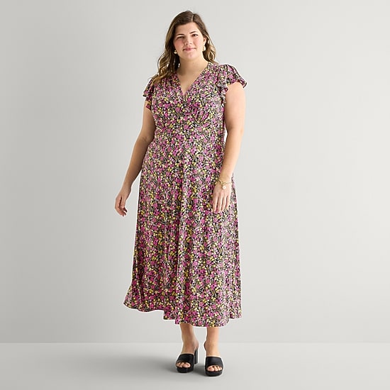 msk dress Women's Plus V Neck Short Sleeve Flutter Maxi | Black | Plus 2X | Dresses Maxi Dresses Lululemon align dress - Product_Dress Ladies dresses Wear it with flat Color:dusty mauve