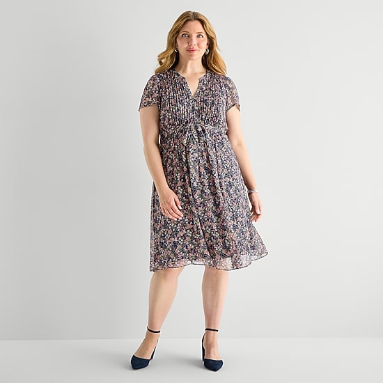 MSK Womens Plus Short Sleeve Floral Shirt Dress