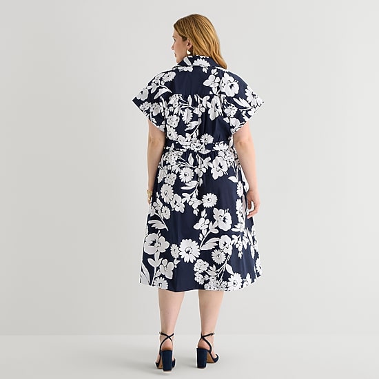 52seven Womens Plus Midi Short Sleeve Fitted Floral Fit + Flare Dress