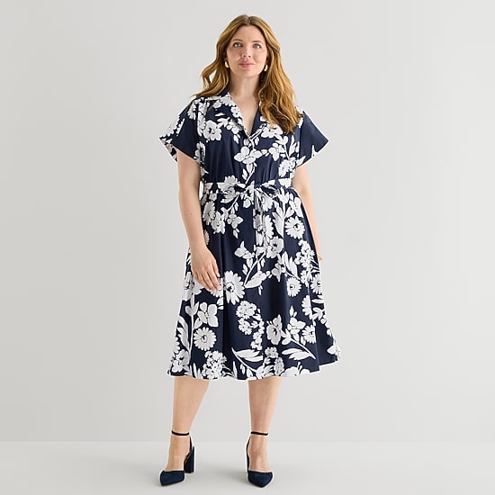 52seven Womens Plus Midi Short Sleeve Fitted Floral Fit + Flare Dress