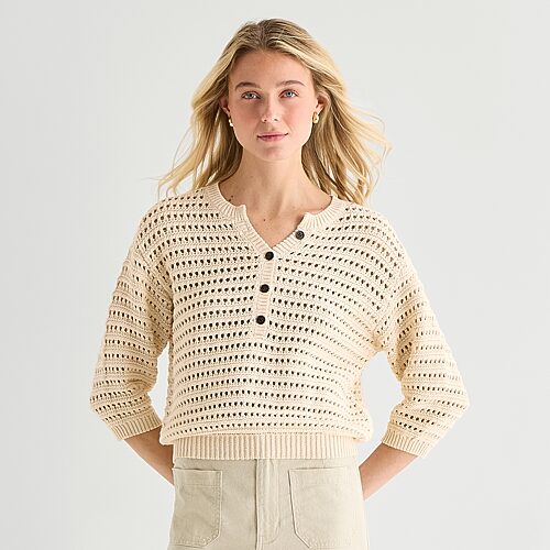 Ana Womens Henley Neck 3/4 Sleeve Pullover Sweater In Brown