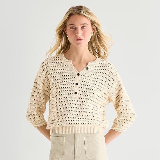 A.N.A Womens Henley Neck 3/4 Sleeve Pullover Sweater