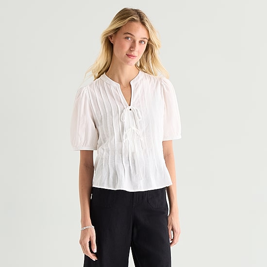a.n.a Womens Y Neck Short Sleeve Blouse