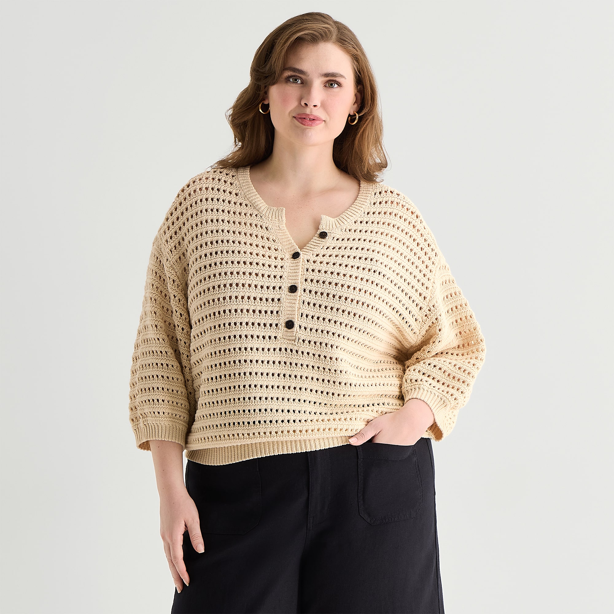 a.n.a Womens Plus Henley Neck 3/4 Sleeve Pullover Sweater