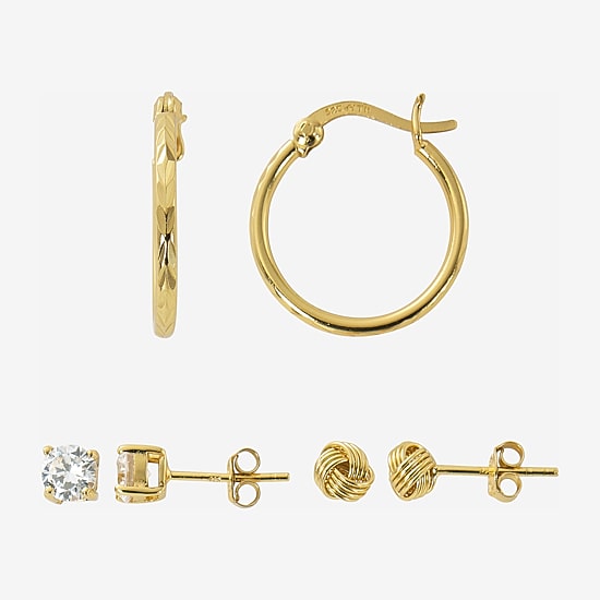 Womens Cubic Zirconia 24K Gold Over Silver 3 Pair Earring Set