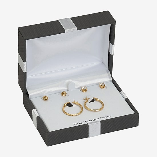 Womens Cubic Zirconia 24K Gold Over Silver 3 Pair Earring Set