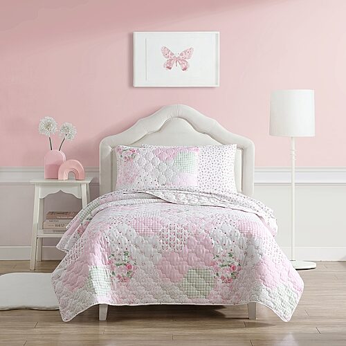 Laura Ashley Kids Ellyn Reversible 3 Piece Quilt Set, Full - Pink