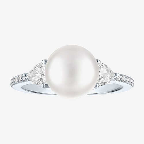 Womens 9-9.5MM White Cultured Freshwater Pearl Sterling Silver Round Side Stone Cocktail Ring, 7