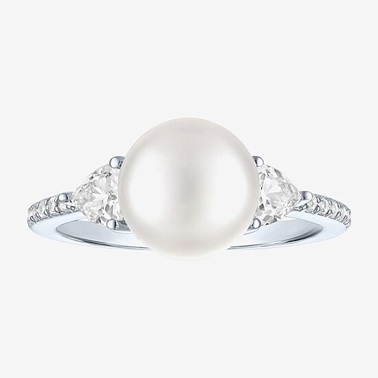 Womens 9-9.5MM White Cultured Freshwater Pearl Sterling Silver Round Side Stone Cocktail Ring