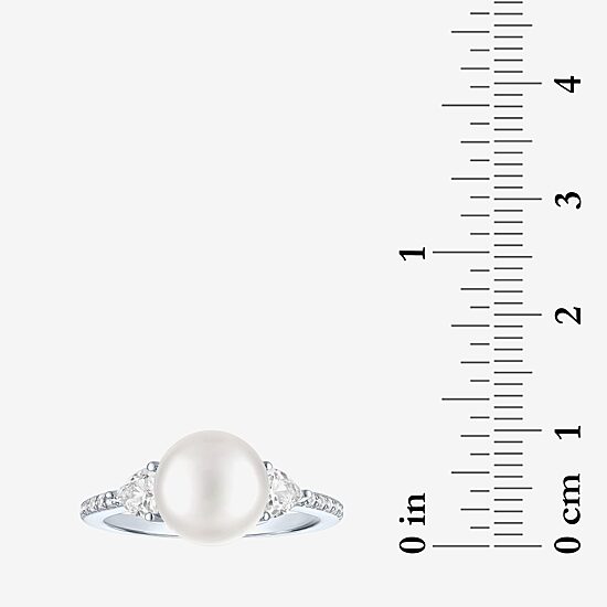 Womens 9-9.5MM White Cultured Freshwater Pearl Sterling Silver Round Side Stone Cocktail Ring