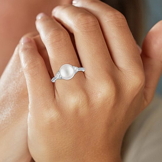 Womens 9-9.5MM White Cultured Freshwater Pearl Sterling Silver Round Side Stone Cocktail Ring