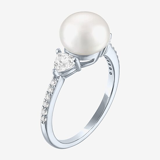 Womens 9-9.5MM White Cultured Freshwater Pearl Sterling Silver Round Side Stone Cocktail Ring