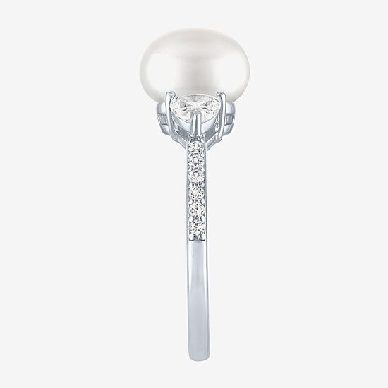 Womens 9-9.5MM White Cultured Freshwater Pearl Sterling Silver Round Side Stone Cocktail Ring