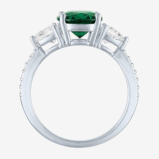 Womens Simulated Green Emerald Sterling Silver Oval Side Stone Cocktail Ring