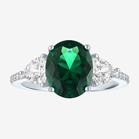 Womens Simulated Green Emerald Sterling Silver Oval Side Stone Cocktail Ring