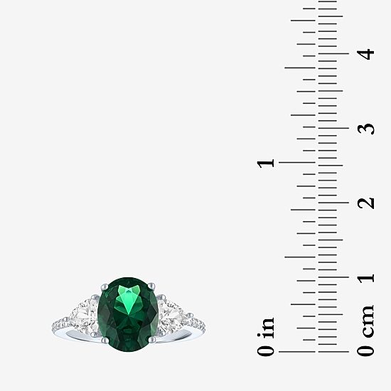 Womens Simulated Green Emerald Sterling Silver Oval Side Stone Cocktail Ring