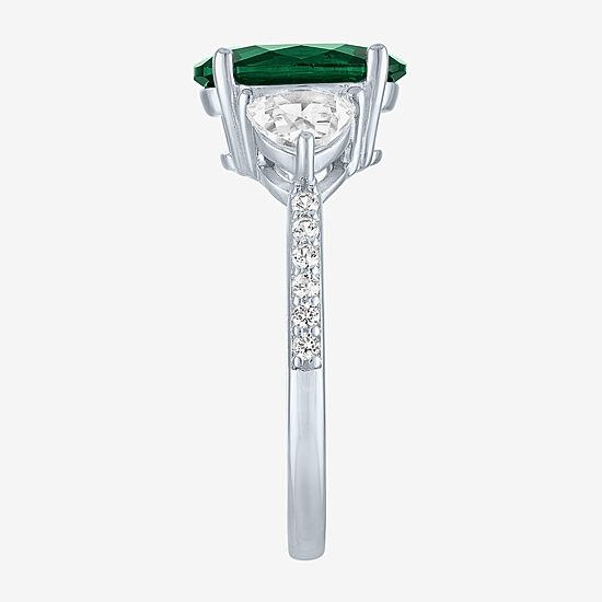 Womens Simulated Green Emerald Sterling Silver Oval Side Stone Cocktail Ring