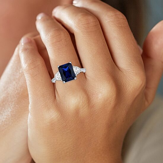 Womens Lab Created Blue Sapphire Sterling Silver Side Stone Cocktail Ring