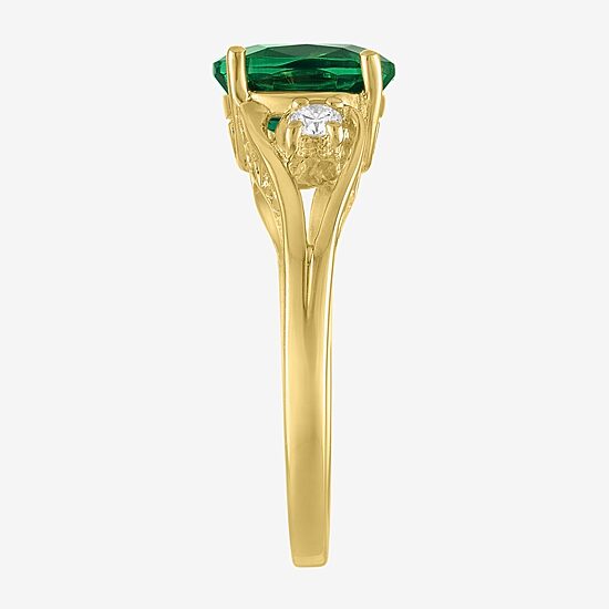 Womens 1/8 CT. T.W. Lab Created Green Emerald 14K Gold Over Silver Oval 3-Stone Cocktail Ring