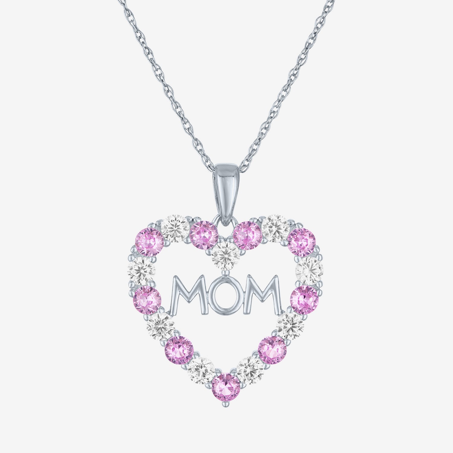 "Mom" Womens Lab Created Pink Sapphire Sterling Silver Heart 16 Inch Pendant Necklace