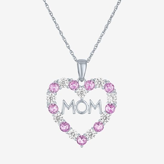 "Mom" Womens Lab Created Pink Sapphire Sterling Silver Heart 16 Inch Pendant Necklace
