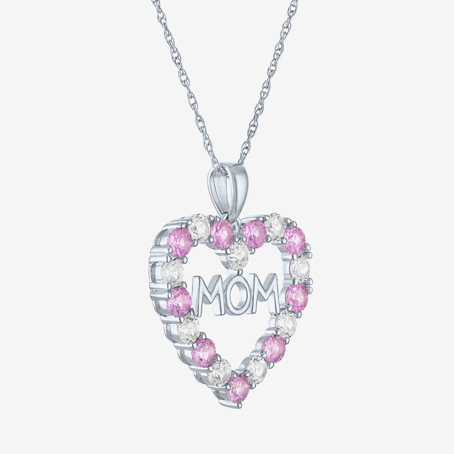 "Mom" Womens Lab Created Pink Sapphire Sterling Silver Heart 16 Inch Pendant Necklace