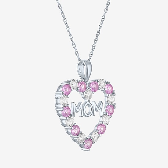 "Mom" Womens Lab Created Pink Sapphire Sterling Silver Heart 16 Inch Pendant Necklace