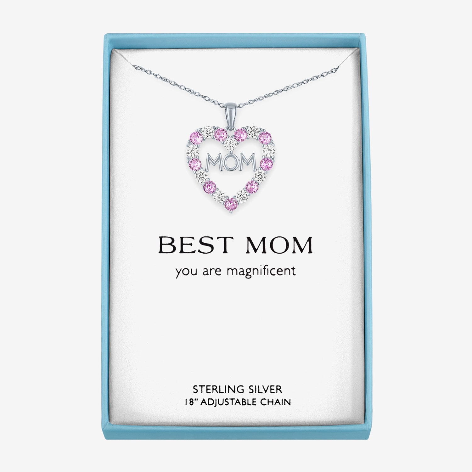 "Mom" Womens Lab Created Pink Sapphire Sterling Silver Heart 16 Inch Pendant Necklace