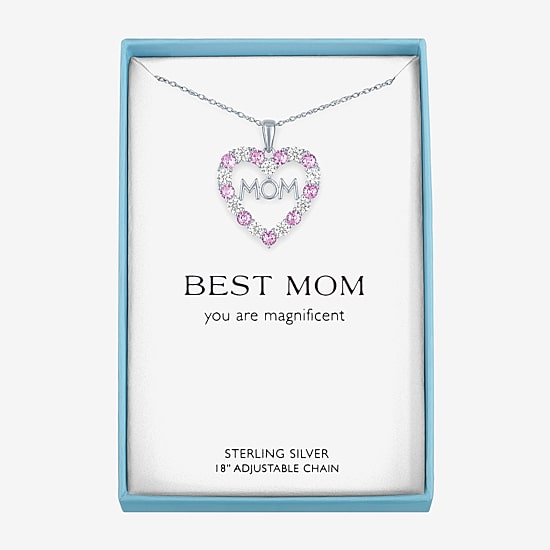 "Mom" Womens Lab Created Pink Sapphire Sterling Silver Heart 16 Inch Pendant Necklace