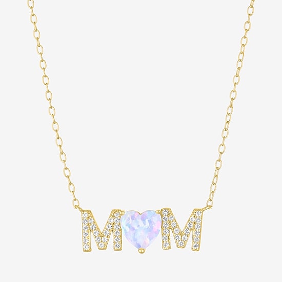 "Mom" Womens Lab Created White Opal 14K Gold Over Silver Sterling Silver Heart Round 16 Inch Pendant Necklace