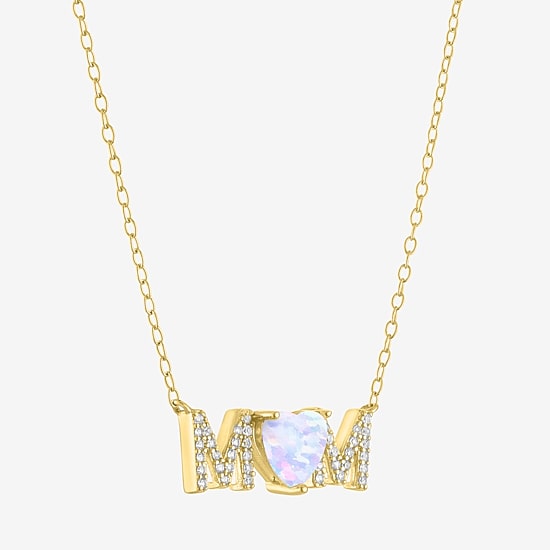 "Mom" Womens Lab Created White Opal 14K Gold Over Silver Sterling Silver Heart Round 16 Inch Pendant Necklace