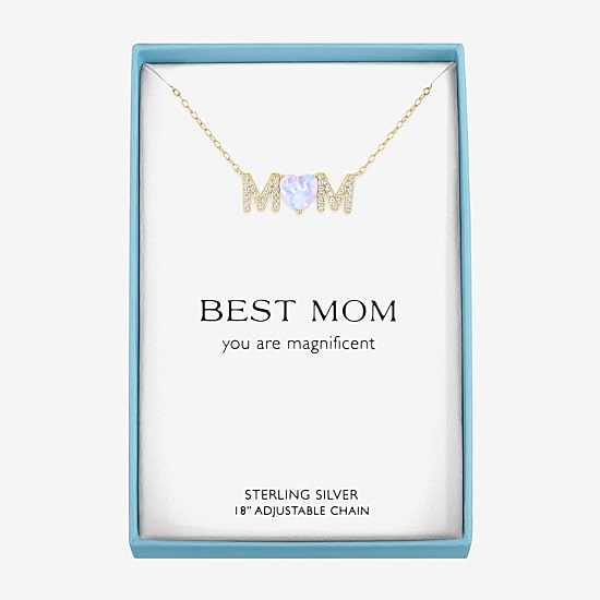 "Mom" Womens Lab Created White Opal 14K Gold Over Silver Sterling Silver Heart Round 16 Inch Pendant Necklace