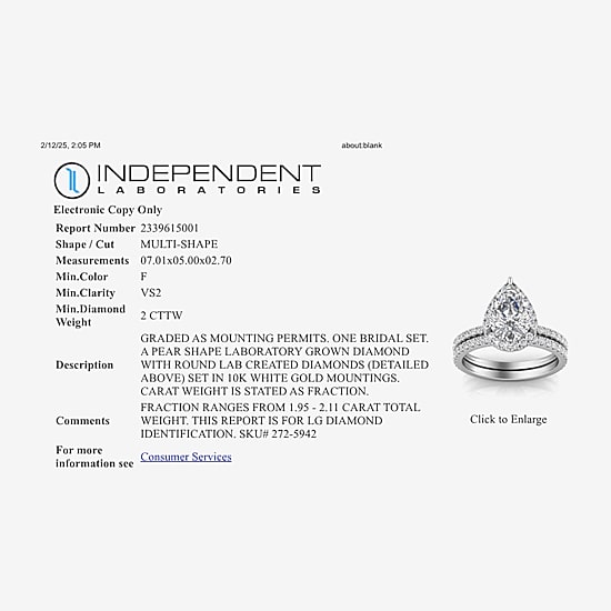 Signature By Modern Bride Womens 2 CT. T.W. Lab Grown White Diamond 10K or 14K Gold Pear Side Stone Bridal Set