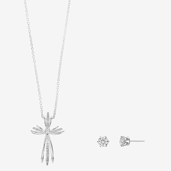 Sparkle Allure Womens Cubic Zirconia Pure Silver Over Brass Cross 2-pc. Jewelry Set
