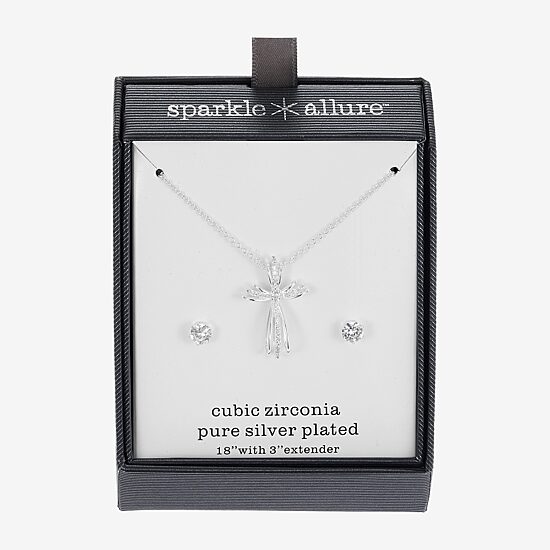 Sparkle Allure Womens Cubic Zirconia Pure Silver Over Brass Cross 2-pc. Jewelry Set