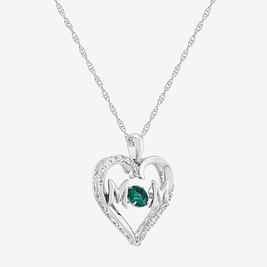 Limited Quantities! "Mom" Womens Lab Created Green Emerald Sterling Silver Heart 20 Inch Pendant Necklace