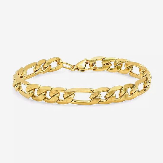Steeltime Mens 18K Gold Over Stainless Steel 8 1/2 Inch Figaro Hypoallergenic Chain Bracelet