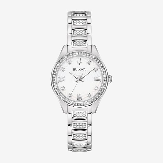 Bulova Crystal Womens Crystal Accent Silver Tone Stainless Steel Bracelet Watch 96l311