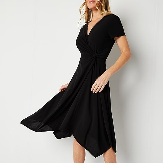 Perceptions Womens Midi V Neck Short Sleeve Fit + Flare Dress