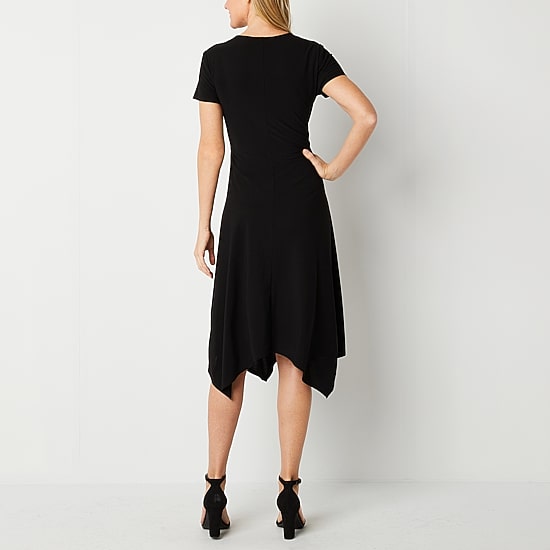 Perceptions Womens Midi V Neck Short Sleeve Fit + Flare Dress