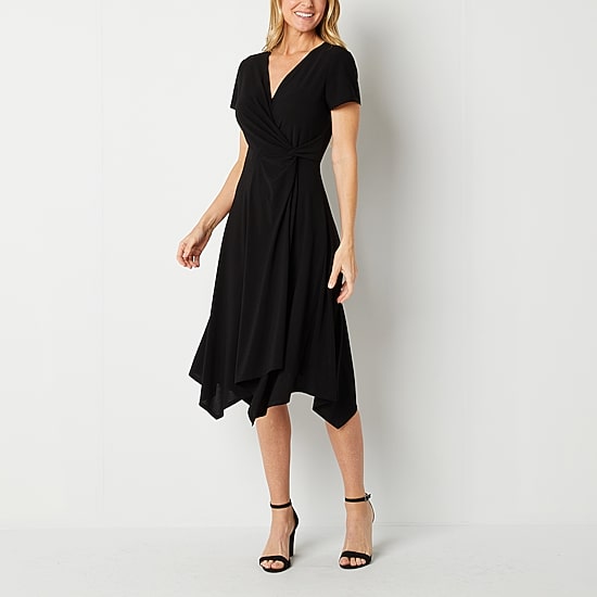 Perceptions Womens Midi V Neck Short Sleeve Fit + Flare Dress