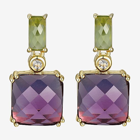 Womens Genuine Purple Amethyst 18K Gold Over Silver Square Drop Earrings