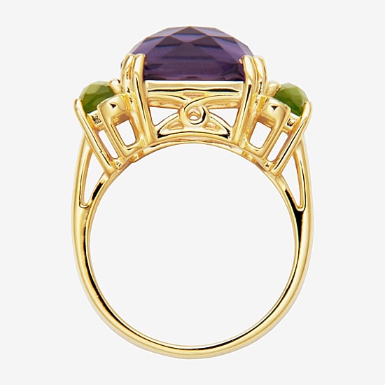 Womens Genuine Purple Amethyst 18K Gold Over Silver Square 3-Stone Cocktail Ring